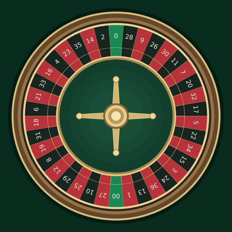 American roulette wheel with 38 pockets, including green 0 and 00 on opposite sides
