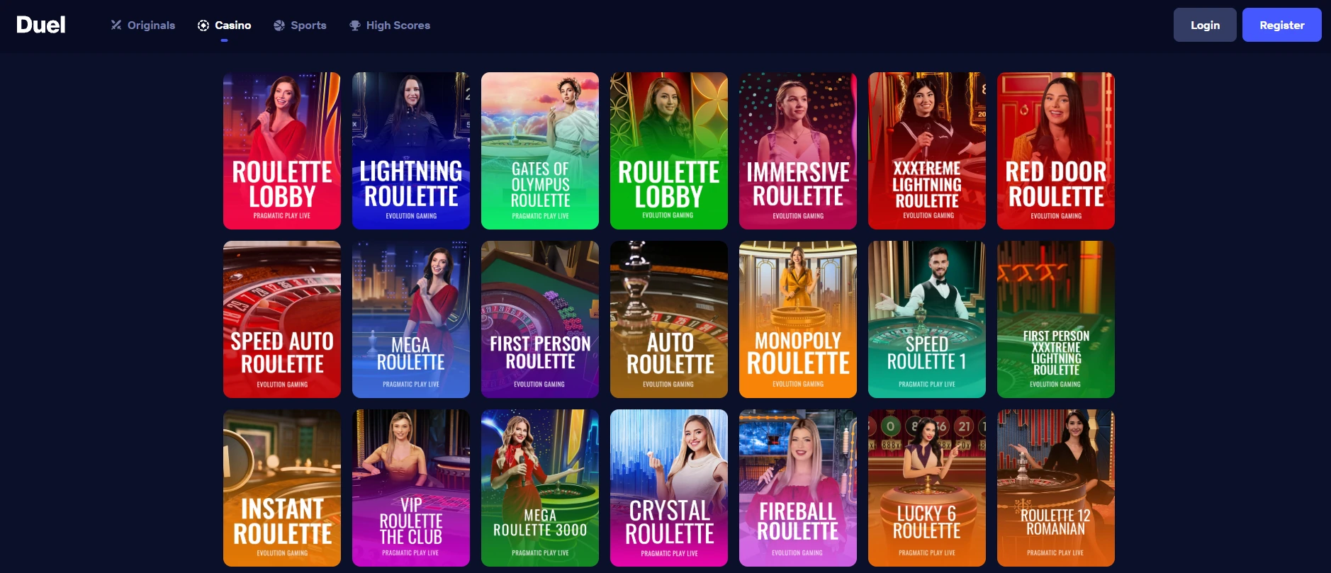 Duel lobby with Evolution and Pragmatic Play live tables