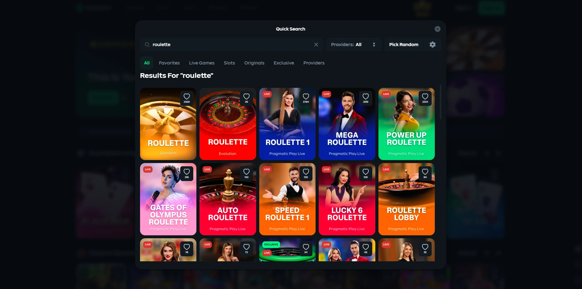Gamdom search results with its Original alongside Evolution and Pragmatic Play titles