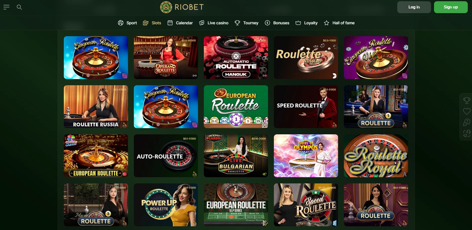 Riobet lobby with European roulette, automated tables and live dealers