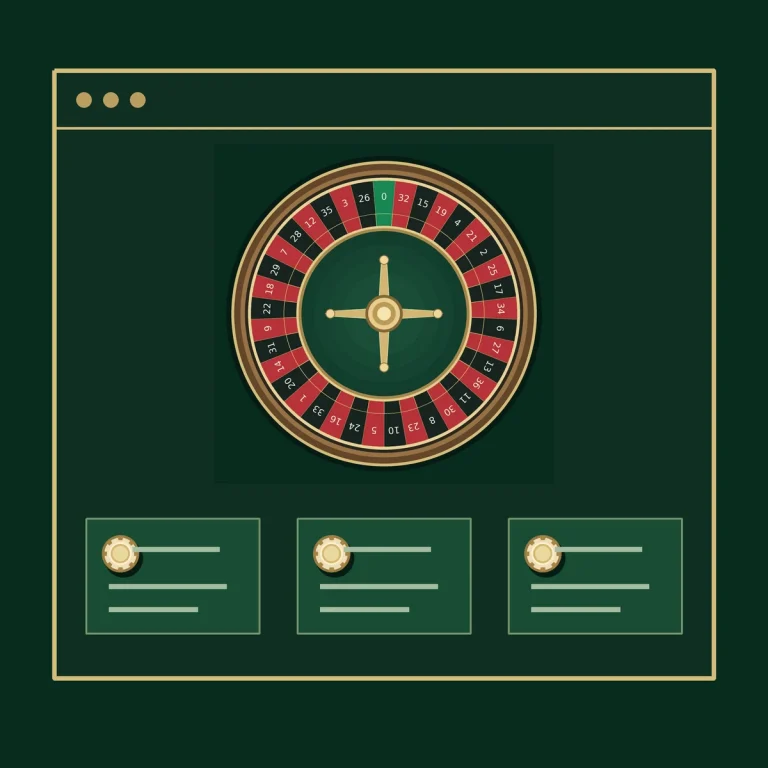 Roulette wheel in a browser window above three neutral comparison cards, representing online roulette casino selection