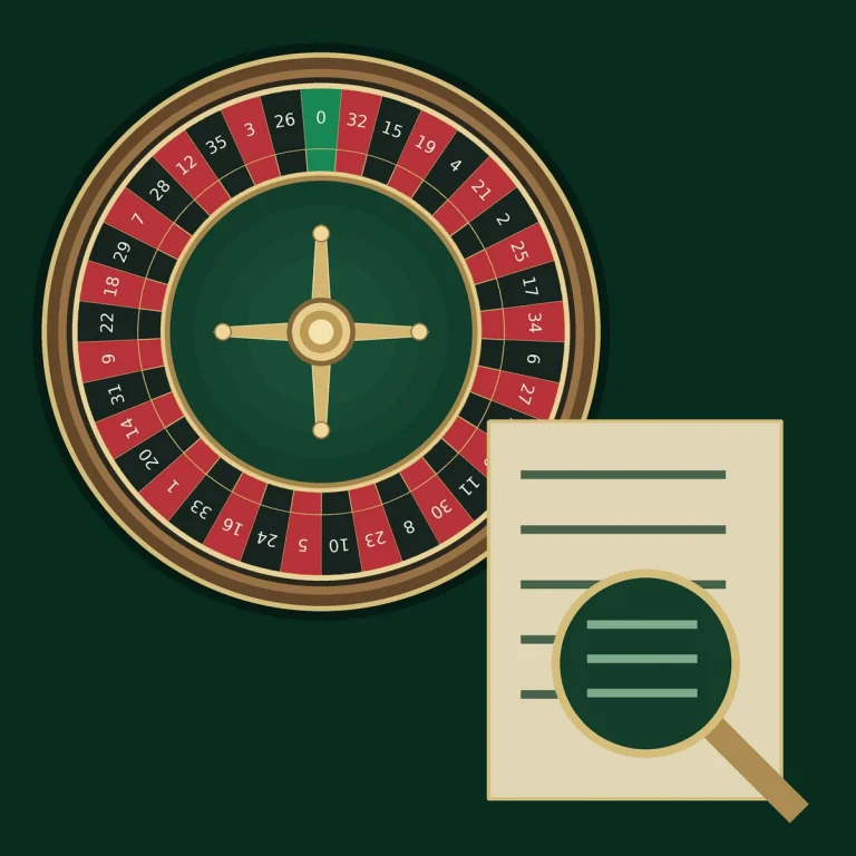 Roulette wheel beside a round-record document and a magnifying glass, illustrating fairness checks