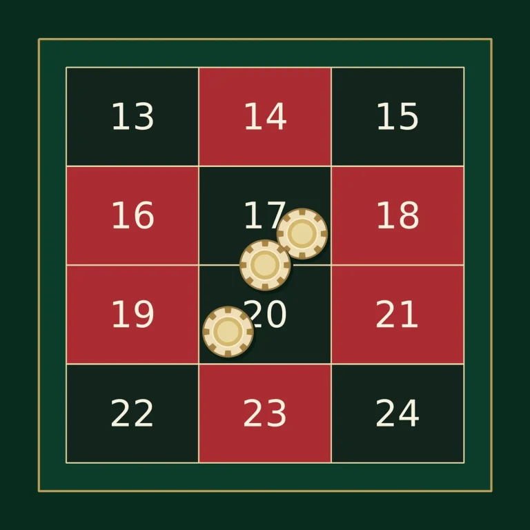 Roulette table with straight-up chips on 17 and 20 and a split chip on the boundary between 17 and 20