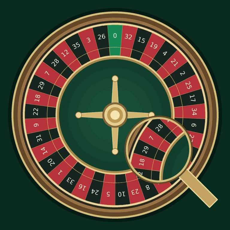 Magnifying glass over a roulette wheel, illustrating inspection for possible wheel bias