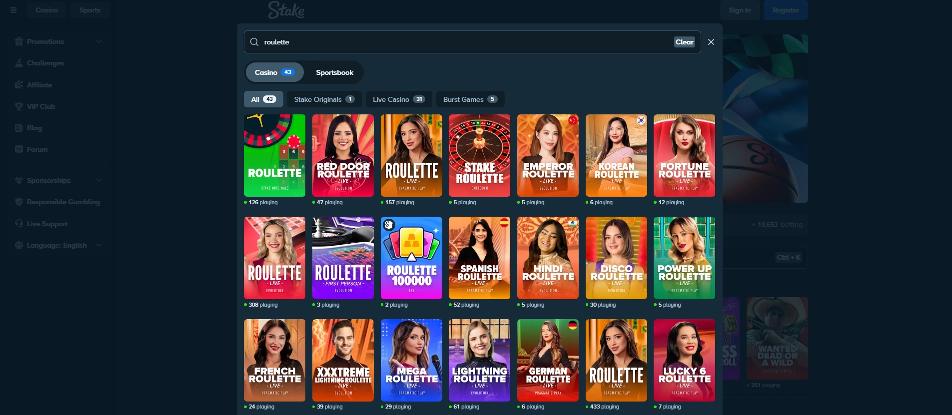 Stake search results with Original and live dealer games