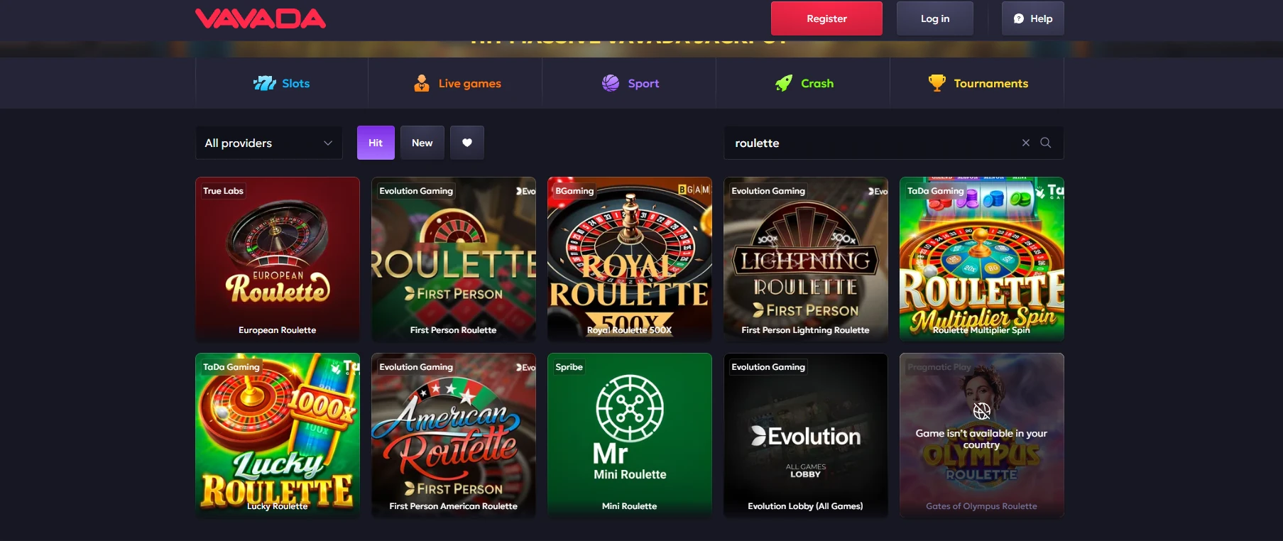 Vavada search showing games from several providers and one regional restriction